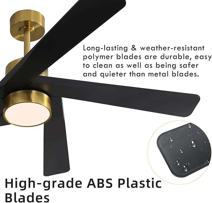 WINGBO 54" ABS DC Ceiling Fan with Lights, 5 Blade ABS Plastic Ceiling Fan with Remote, 6-Speed Reversible DC Motor, LED Ceiling Fan for Kitchen Bedroom Living Room, Brass and Matte Black