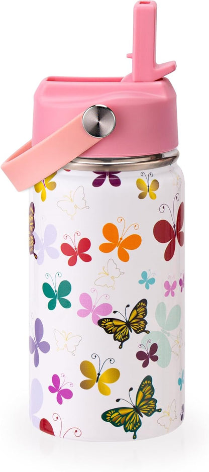 12oz Kids Insulated Water Bottle with Flip Straw & Big Handle, Butterflies, Double Wall 18/8 Stainless Steel, Leakproof Gift for Kids Girls to School Travel Sports, Hands Wash Only, Pink