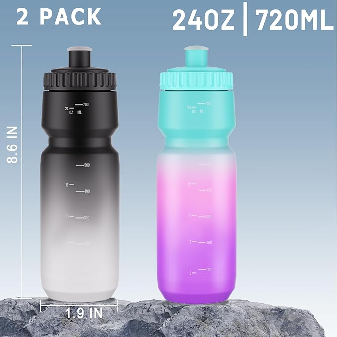 2 Pack Squeeze Water Bottles, 24oz Cycling Water Bottle, 720ml Bike Water Bottles BPA Free for cycling, Running, Hiking etc