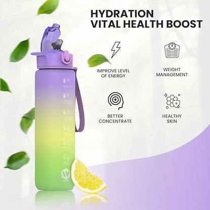 1L Water Bottle with Straw - Leak-Proof & BPA Free Reusable Sports Bottle - Motivational Time Markings for Hydration Durable Drink Bottle for Gym, Sports, Outdoor (Purple yellow and Green)