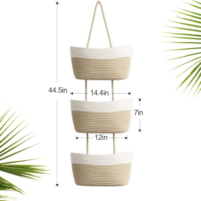 TeoKJ Over the Door Hanging Basket, 3-Tier Woven Cotton Wall-Mounted Storage Organizer Bag Decorative Hanging Kitchen Baskets - White + Jute