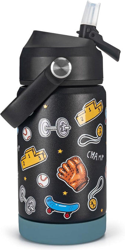 12 oz Insulated Water Bottle With Straw, Sports Water Cup Flask with Wide Mouth, Leak Proof Travel Thermo Mug - Black Baseball & Skateboards