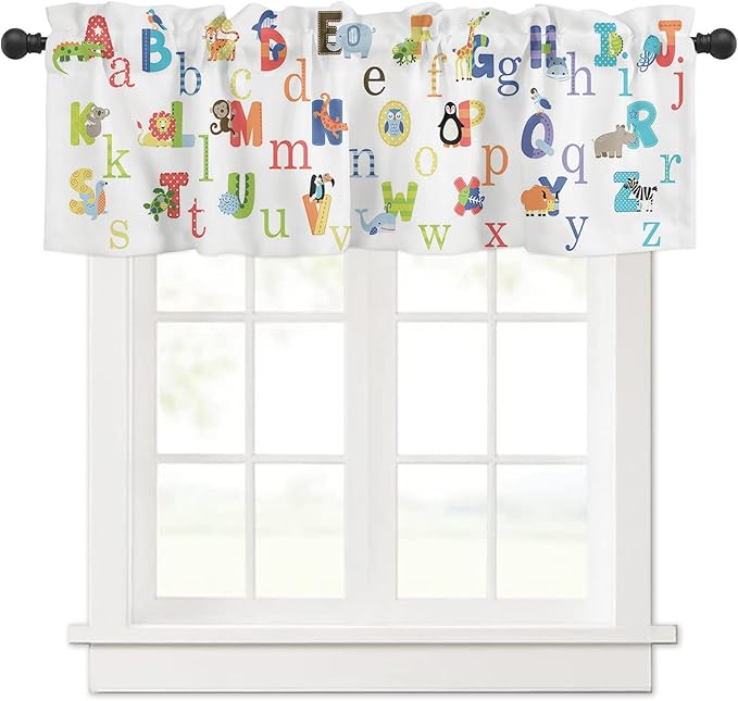 Valance Curtains for Kitchen Window, Cute Animals Alphabet for Kids Rod Pocket Valances Window Treatments Colorful Printed Short Curtains for Bedroom/Living Room,54" X 18" -1 Panel,