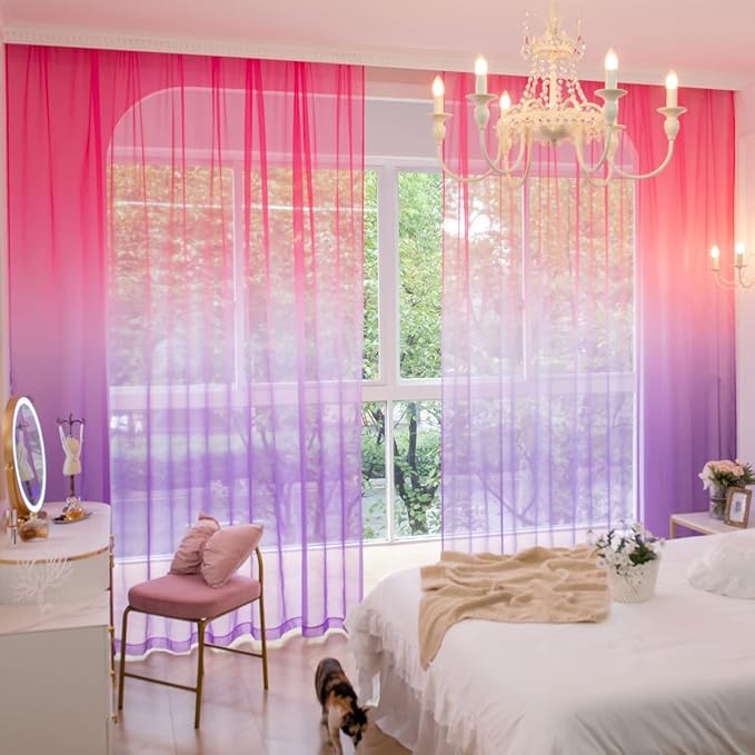 Windows Gradient Sheer Curtains 72 Inches Length 2 Panels Voile Light Filtering Sheer Curtains Panel Basic Rod Pocket for Bedroom Living Room Children Room Kitchen Yard