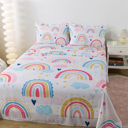 qjmiaofang Rainbow Twin Sheets Girls Rainbow Fitted Sheet for Kids Rainbow Bed Sheets 3Pieces Cartoon Rainbow Flat Sheet with Clouds Printed Bed Set Little Rainbow Bedding Set for Home Decor