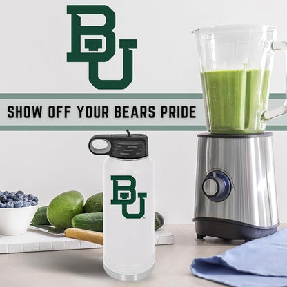 Baylor University Bears 32oz Stainless Steel Double Walled White Beverage Bottle with Flip Straw Spout – College Gear for Playoff Season – For Office, Home or Auto – Show your Baylor Pride