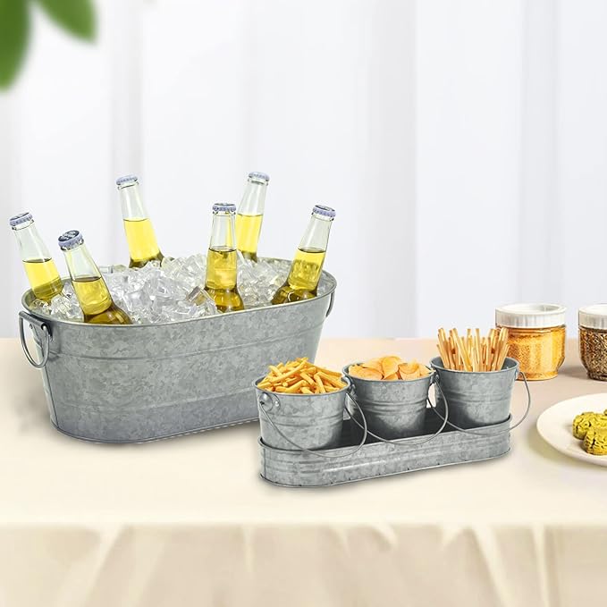 Oval Ice Bucket with 3 Serve Buckets Set-Condiments, Nuts, Ice Cream, Snacks, Galvanized Metal Drink Cooler Beverage Tub, Chill Wine & Beer, 2.4 for Home Parties Gallons, Galvanized