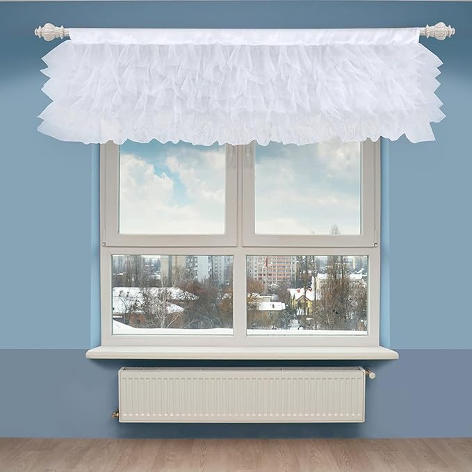 White Tulle Valance Ruffle Kitchen Valance for Bathroom Bedroom Coffee Shop Kids Nursery Room Window 52×16 inch