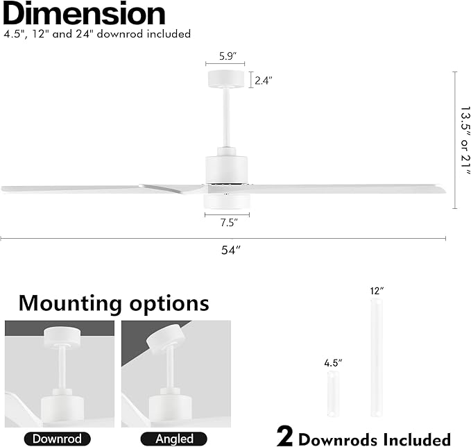 WINGBO 54" DC Ceiling Fan with Lights and Remote Control, 5 Carved Wood Blades, 6-Speed Reversible DC Motor, White Ceiling Fan for Bedroom Living Room Kitchen, ETL Listed