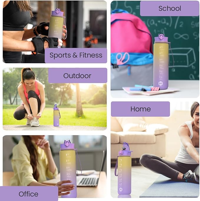 1L Water Bottle with Straw - Leak-Proof & BPA Free Reusable Sports Bottle - Motivational Time Markings for Hydration Durable Drink Bottle for Gym, Sports, Outdoor (Yellow and Purple)