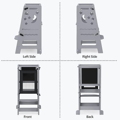 TOETOL Bamboo Learning Standing Helper Tower with Keeper - Grey Toddlers Kitchen Stools Counter 3 Height Adjustable Helper with Message Boards