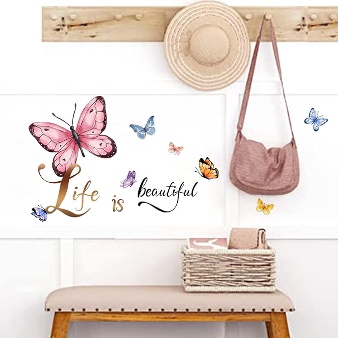 Butterfly Wall Art Decal - 'Life is Beautiful' Motivational Quote - 90x30cm Peel & Stick Design for Home Decor