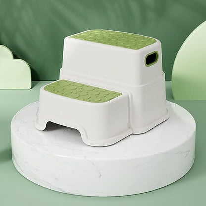 2 Step Stool for Kids, Anti-Slip Toddler Step Stool Toilet Potty Training Stool with Handles, Non-Slip Two Step Stool Hepler for Bathroom, Kitchen, Bedroom, Living Room (Green)