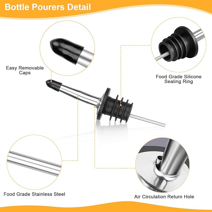 12 Pcs Juice Pour Bottles and 40 Pcs Pourers, Liquor and Juice Pouring Bottles and Containers Bar Supplies Plastic Juice Pour Bottles Stainless Steel Liquor Bottles Pourers for Home Kitchen Party Bar