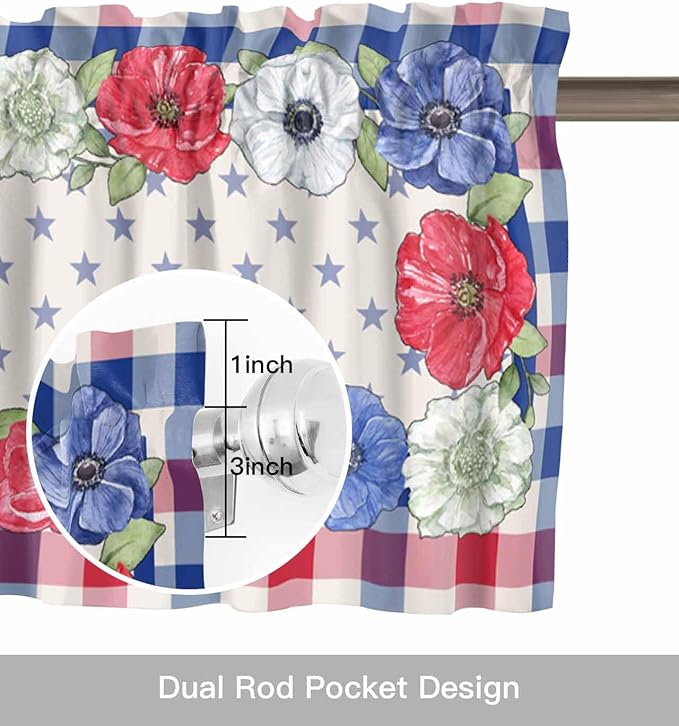 4th of July Kitchen Curtains Valances for Windows Patriotic Memorial Day Vases Flowers Rod Pocket Window Treatment for Kitchen/Living Room/Bedroom/Bathroom, 42" X 18", Blue Red Buffalo Plaid