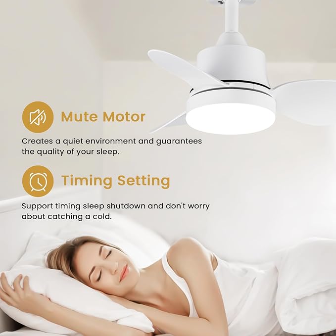 White Small Ceiling Fan with Light 24-Inch, Remote Control, 3-Color Dimmable, Reversible, 6-Speed - Ideal for Kitchen, Bedroom, Balcony, Study - Easy Installation