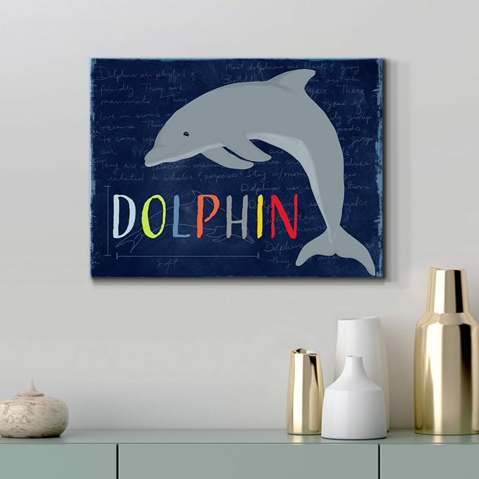 Renditions Gallery Canvas Animal Wall Art Home Paintings & Prints Blue Playful Dolphin Modern Abstract Vibrant Canvas Wall Hanging Decorations for Kids Bedroom Nursery - 18"x27" LT33