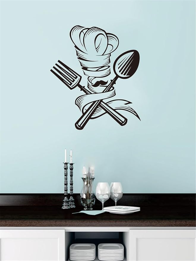 Whimsical Chef Wall Sticker: Kitchen Wall Art with Fork, Spoon, Chef Hat - Vinyl Décor Decal to Spruce Up Your Home Mural - Add a Touch of Culinary Charm Effect 17"x19"inch(Black-JZY048-Chef)