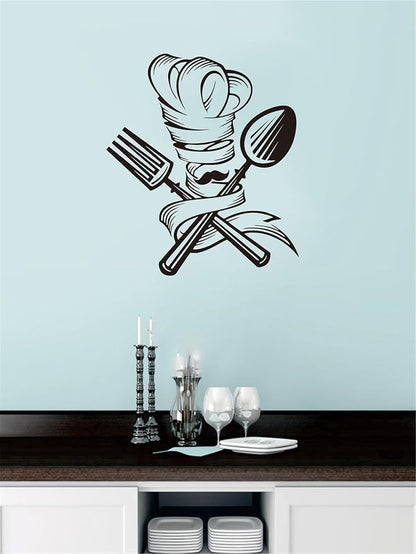 Whimsical Chef Wall Sticker: Kitchen Wall Art with Fork, Spoon, Chef Hat - Vinyl Décor Decal to Spruce Up Your Home Mural - Add a Touch of Culinary Charm Effect 17"x19"inch(Black-JZY048-Chef)