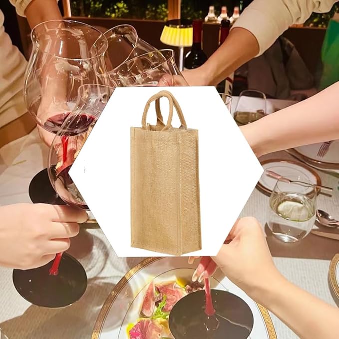 1Pack Jute Burlap 2 Bottle Wine Gift Tote Bags with Soft Cotton Handles Reusable for Wedding, Parties,Birthdays