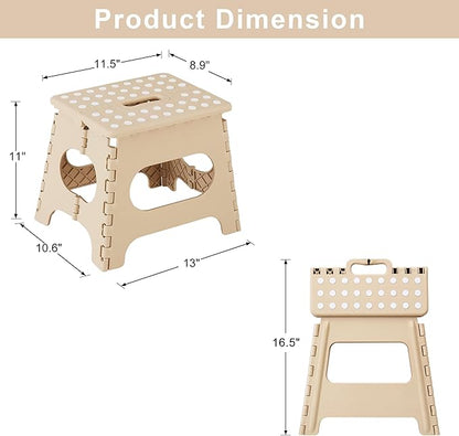 VECELO Folding Step Stool 11 Inch, Non-Slip Surface Portable Foldable 1 Step Stool with Carry Handle, Heavy Duty to Support Kids/Toddler/Adults for Living Room, Kitchen, Bathroom, Khaki