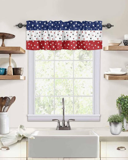 Vandarllin July 4th Kitchen Curtains Valances for Windows Red White Blue Rod Pocket Window Treatment for Kitchen/Living Room/Bedroom/Bathroom, 60" X 18", Independence Day Americana Stars