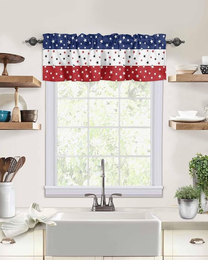 Vandarllin July 4th Kitchen Curtains Valances for Windows Red White Blue Rod Pocket Window Treatment for Kitchen/Living Room/Bedroom/Bathroom, 42" X 12", Independence Day Americana Stars