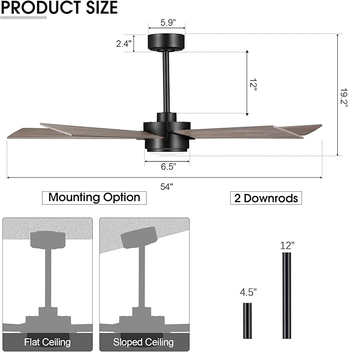 54" Ceiling Fan with Light and Remote Control, Modern Dimmable LED Light, 6-Speed Noiseless Reversible DC Motor, 5 Plywood Ceiling Fan for Kitchen Bedroom Living Room Black/Wood Color