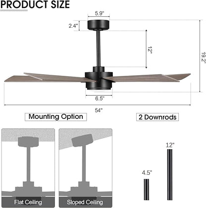 54" Ceiling Fan with Light and Remote Control, Modern Dimmable LED Light, 6-Speed Noiseless Reversible DC Motor, 5 Plywood Ceiling Fan for Kitchen Bedroom Living Room Black/Wood Color