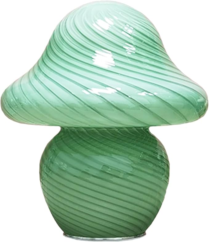 Mushroom Lamp, Small Green Table Lamp with Striped Glass, Cute Little Swirl Sage Green Nightstand Lamp for Bedroom Bedside Dorm Living Kitchen, Aesthetic Ambient Lamp for Home Decor Gift