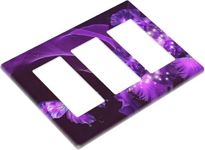 Purple Butterfly Flower Triple Rocker Light Switch Wall Plate Cover Decorative 3-Gang for Outlet Girls Room Bathroom Bedroom Home Kitchen Three Decora Receptacle Polycarbonate Power Gear 4.5" x 6.38"