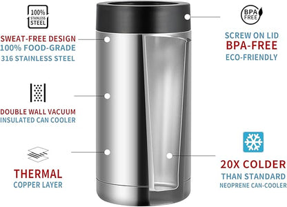 16oz Stainless Steel Double Wall Insulated Can Cooler, Beer Bottle Holder, Bottle or Tumbler for Slim Beer & Hard Seltzer CansS（Silver）