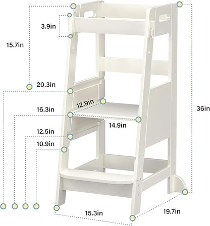 TOETOL Bamboo Toddler Learning Step Stool 3 Height Adjustable Kitchen Counter Standing and Bathroom Sink Tower Helper Stool for Kids with Anti-Slip Protection(Ivory White)