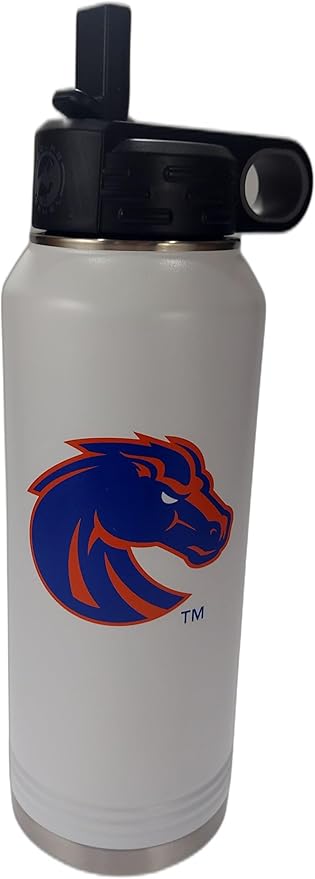 Boise State University 32oz Stainless Steel Double Walled White Beverage Bottle with Flip Straw Spout - College Gear for Playoff Season – For Office, Home or Auto – Show your Bronco Nation Pride