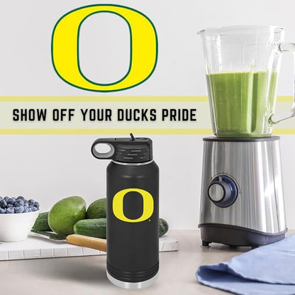 University of Oregon 32oz Stainless Steel Double Walled Black Beverage Bottle with Flip Straw Spout - College Gear for Playoff Season – For Office, Home or Auto – Show your Ducks Pride