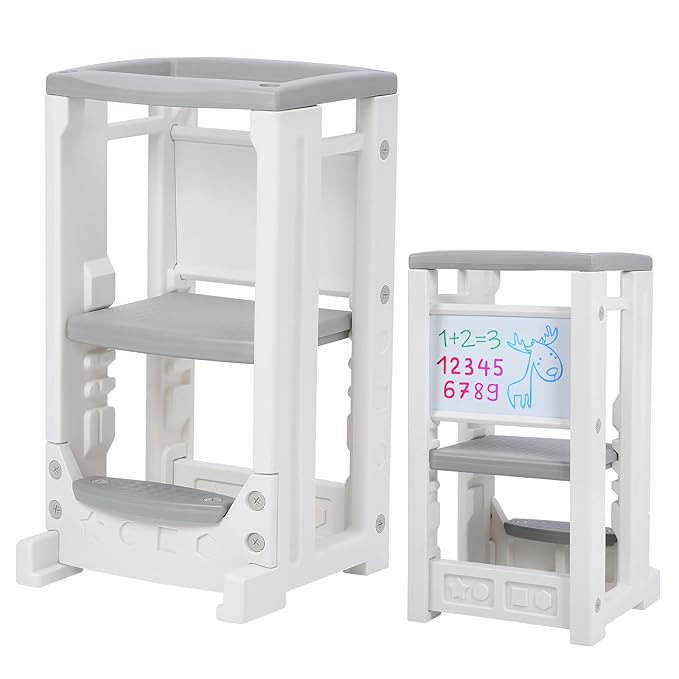 Toddler Tower with Dry Erase Whitebaord Height Adjustable Step Stool for Kids Montessori Learning Stool Toddler Kitchen Stool Helper with Non-Slip Safety Rail