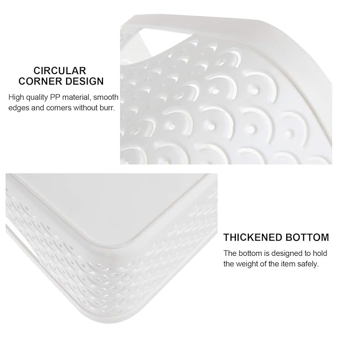 3 Pack Plastic Storage Baskets, Portable White Fish Scale Pattern Hollow Desktop Storage Bin Box with Handle for Kitchen, Bathroom, Kids Room or Nursery Storage – 13.8 x 11.2 x 5.1 inches