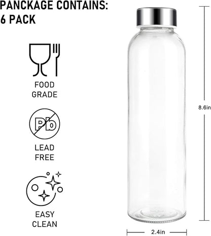 18 oz Glass Juice Bottles with Lids, Glass Juicing Bottles, Reusable Glass Water Bottles with Stainless Steel Airtight Cap for Refrigerator, BPA Free, Leak Proof, Eco-Friendly, Set of 6