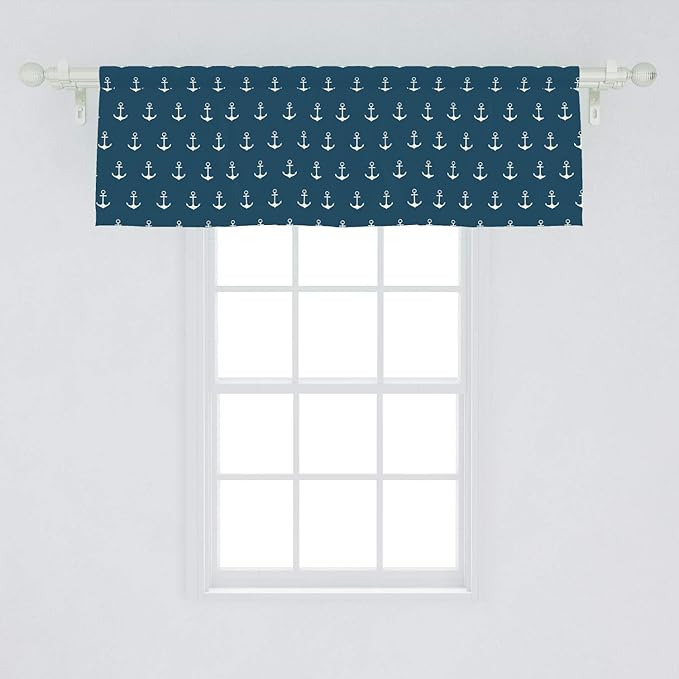 Ambesonne Anchor Window Valance, Nautical Pattern Classic Colors and Anchors Simplistic Design Sailor Ship Print, Curtain Valance for Kitchen Bedroom Decor with Rod Pocket, 54" X 18", White Blue