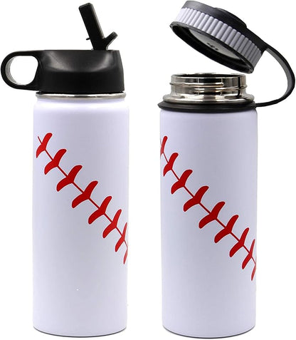 18 oz Baseball Water Bottle, Sports Canteen Metal Travel Tumbler with 2 Lids 18/8 Stainless Steel Double Wall Vacuum Insulated Water Bottles (18oz, White baseball)