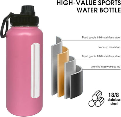 1pack 32 oz Insulated Water Bottle With Straw, Stainless Steel Sports Water Cup Flask with 2 Lids, Wide Mouth Travel Thermal Mug,Pink