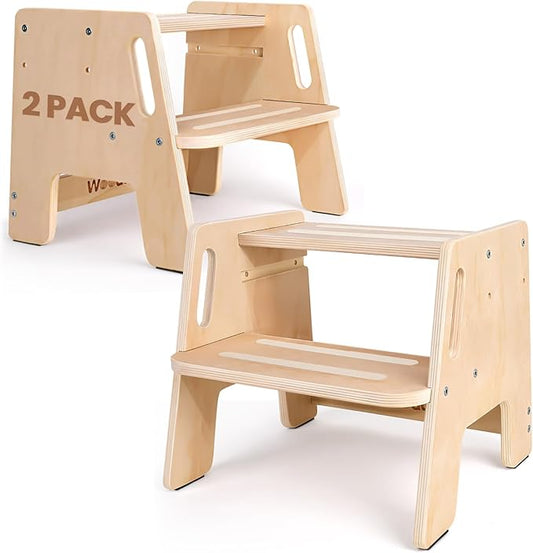 2 Pack Toddler Step Stool, Wooden Height-Adjustable 2-Step Stool for Kids, Potty Training Stool with Handles