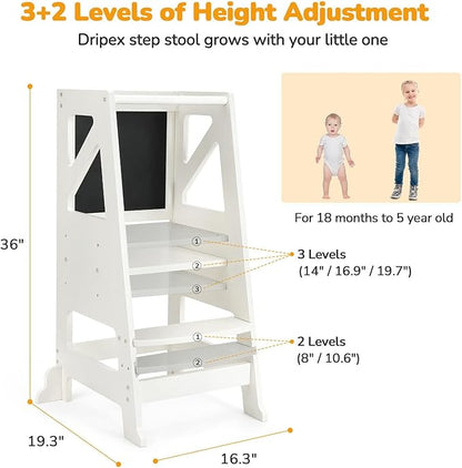 Toddler Kitchen Stool Helper - Toddler Tower with Message Boards & Safty Rail Adjustable Height Kids Kitchen Step Stool Toddler Standing Tower with Anti-Slip Protection Wooden(Beige)