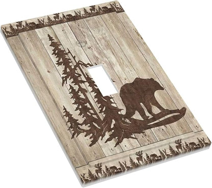 Rustic Wood Bear Forest 1 Gang Light Switch Cover Decorative Vintage Antique Cabin Single Toggle Wall Plate Switchcovers Electrical Switchplate Home Decor for Farmhouse Living Room Bedroom Decorate