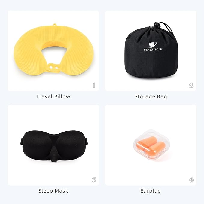 Travel Pillow, Neck Pillow Airplane Memory Foam with Sleep Mask Earplugs, Soft & Support Fleece Airplane Pillow for Travelling Plane Car Train Home Use, Yellow