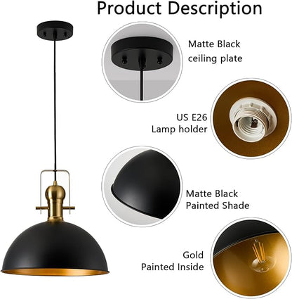 12 Inch Black Farmhouse Pendant Lights Matte Pendant Lights for Kitchen Island Industrial Adjustable Height Vintage Dome Hanging Light Fixtures for Barn, Dining Room 3 Packs