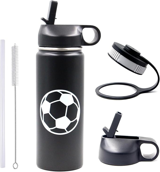 18 oz Soccer Water Bottle, Wide Mouth Travel Sports Flask with 2 Lids（Straw Lid+Flex Cap）BPA Free 18/8 Stainless Steel Double Wall Vacuum Insulated Water Bottles (18oz, Soccer)