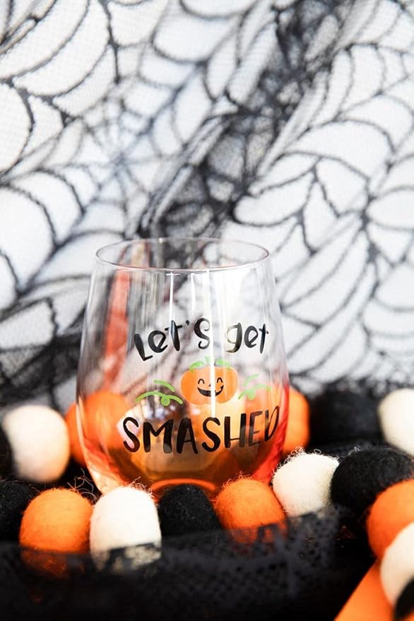 Pearhead Let's Get Smashed Stemless Wine Glass, Gradient Orange, Fall Holiday Home Decor Gifts, Halloween Stemless Wine Glass, 15 oz