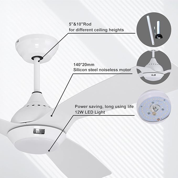 reiga 52 Inch White DC Motor Smart Ceiling Fan with Dimmable Led Lights Suit for Indoor/Outdoor, 6 Speed, Timer, Remote App Alexa Google Home Control