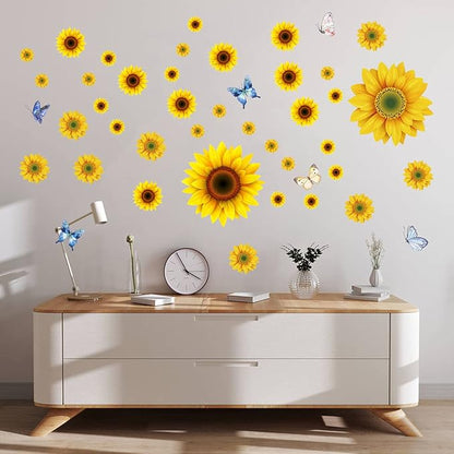 Sunflower Wall Stickers with 3D Butterfly Removable Yellow Flower Wall Decals Waterproof Sunflower Decor Mural for Nursery Baby Kids Bedroom Living Room Bathroom Kitchen Decoration (44 Pcs Yellow)